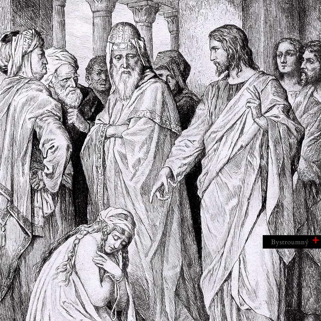 Klasická ilustrácia z&nbsp;roku 1911 znázorňujúca biblickú scénu Ježiša Krista a&nbsp;ženy chytenej pri cudzoložstve. Na tomto obrázku nevidíme len historickú scénu zo Svätého písma, ale archetypálne zrkadlo ľudskej existencie. Žena na zemi nie je len postava z&nbsp;dávnych čias; je to znázornenie každej duše, ktorá sa ocitla v&nbsp;prachu vlastných omylov. Jej pokora nie je len výsledkom strachu z&nbsp;prípadného trestu, ale najmä hlbokým psychologickým uznaním svojej hriešnosti a&nbsp;odmietnutím ďalšieho pokračovania takéhoto spôsobu života pred tvárou Absolútna. Týmto aktom dochádza k&nbsp;preneseniu pozornosti na budúcnosť: z&nbsp;väzenia viny je dotyčný privedený do nového života, čím sa ale zároveň kladie zodpovednosť za podobu tejto budúcnosti na ramená toho, kto bol práve oslobodený a&nbsp;zachránený.