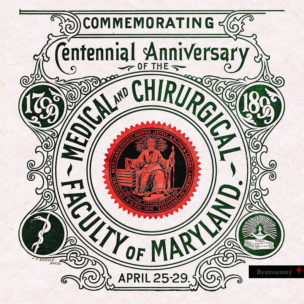 Historická titulná strana „Maryland Medical Journal“ z roku 1899, slávnostne pripomínajúca storočnicu „Medical and Chirurgical Faculty of Maryland“. Obraz zachytáva vrchol Art Nouveau typografie a ornamentiky.