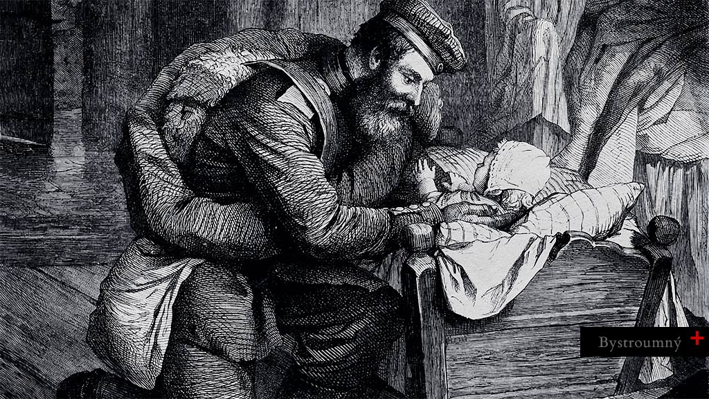 Pokorné vyznanie slabosti pred nevinnosťou. Mravný ideál doby, kedy sa rodina považovala za základ spoločnosti, za svätý prístav ľudstva – skutočný „domus sancta“. O&nbsp;rozdieloch medzi odchodom a&nbsp;návratom, medzi bremenom sveta, ktoré nesie na svojich pleciach otec rodiny a&nbsp;absolútnou zraniteľnosťou nového života. Berthold Woltze nás vnáša do izby, ktorá dýcha tichom. Otec sa skláňa nad kolískou, pričom jeho telo ešte stále nesie tiaž batohu, symbolu práce, cesty, ale hlavne absencie. Jeho tvár sa obracia ku dieťatku v&nbsp;kolíske. V&nbsp;tejto chvíli dochádza k&nbsp;reštrukturalizácii identity tohto otca. Muž, ktorý prežil drsnosť zaobchádzania sveta navôkol, sa tu stáva pozorovateľom jemného nádychu a &nbsp;výdychu vlastného potomka. Všetko v&nbsp;miestnosti: drevená podlaha, ťažké závesy neďalekej manželskej postele, staré noviny na akomsi stolíku, to všetko svedčí o&nbsp;plynutí času a&nbsp;neúprosnej vlastnosti materiálneho sveta – tj. o&nbsp;jeho chátraní. Len tento jeden moment intimity pôsobí nadčasovo. Je to estetika, v&nbsp;ktorej kvitne najčistejšia forma lásky: tá, ktorá prichádza po dlhom čakaní…